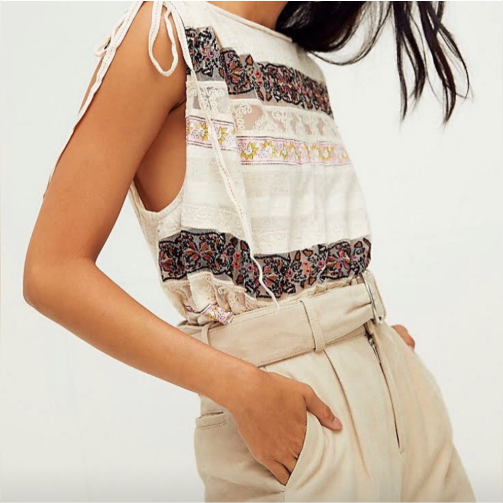 Free People Linen Blend Drawstring Sleeve Striped Lace Top in Ivory